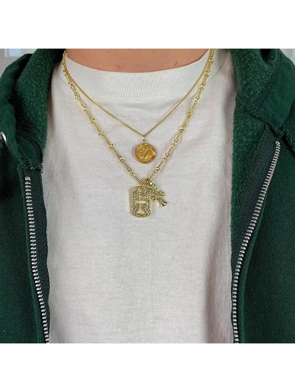 y2k 2000s style grunge gold chrome rhinestone cross dog tag style pendant